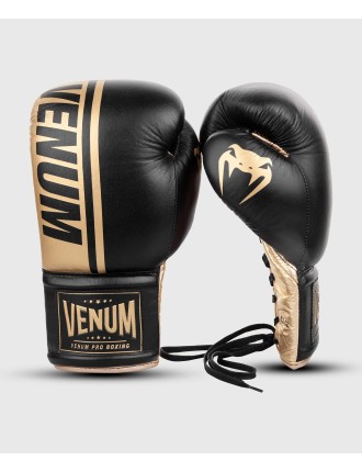 Top Choice Venum Shield Pro Boxing Gloves - With Laces - Black/Gold Limited Stock